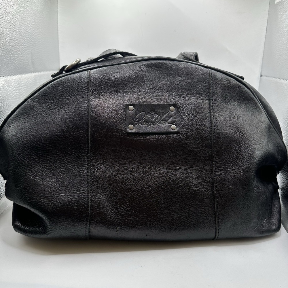 Patricia Nash Black Leather Satchel Handbag Silver Hardware Moto 16 inches